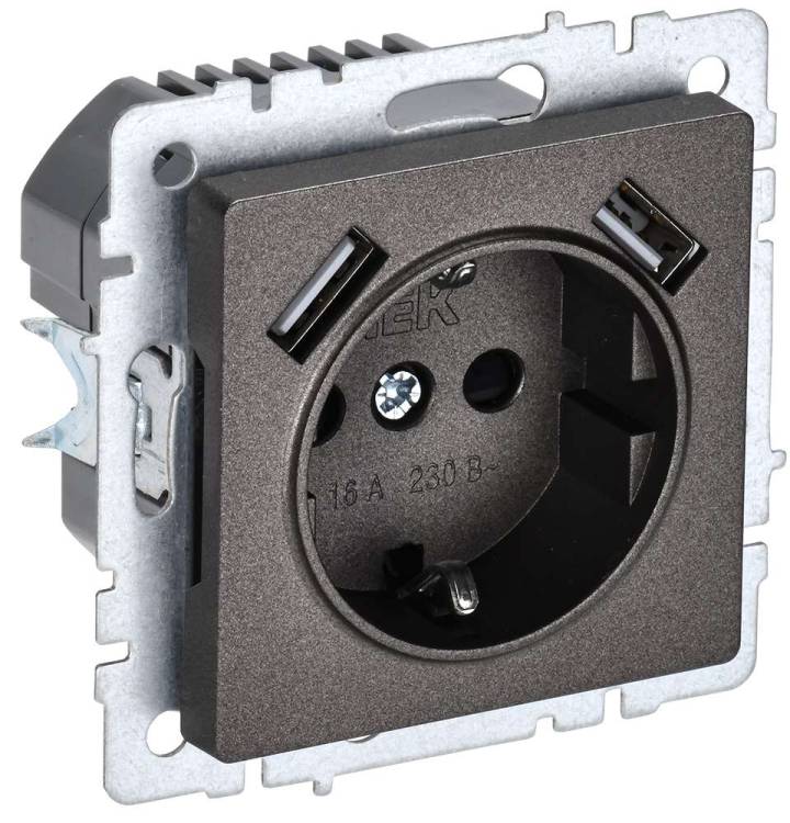 Розетка 1-местная с заземлением, шторками и USB Type A+A IEK Brite BR-R14-16-U21-D21-K45 темная бронза