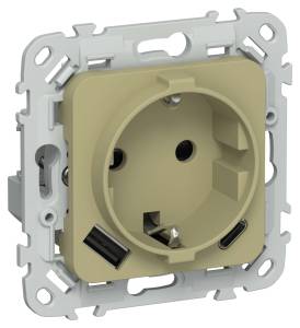 Розетка 1-местная с заземлением, шторками и USB Type A+С IEK Flite FI-R14-16-1-U22-020-K26 оливковый