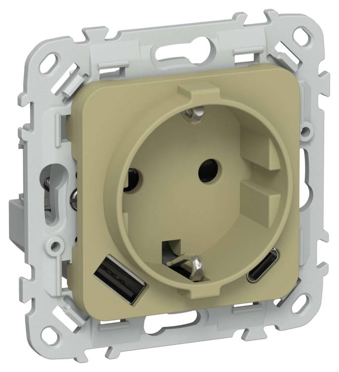 Розетка 1-местная с заземлением, шторками и USB Type A+С IEK Flite FI-R14-16-1-U22-020-K26 оливковый