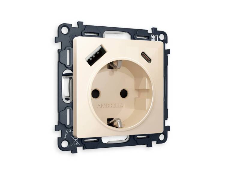 Комплект механизма электрической розетки 2USB A+C 20W (быстрая зарядка) с заземлением Ambrella Volt Alfa MA310010