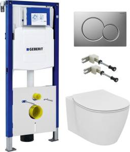 Комплект Система инсталляции для унитазов Geberit Duofix UP320 111.300.00.5 + Кнопка смыва Geberit Sigma 01 115.770.46.5 матовый хром + Чаша для унитаза подвесного Ideal Standard Connect AquaBlade E047901 + крышка-сиденье с микролифтом