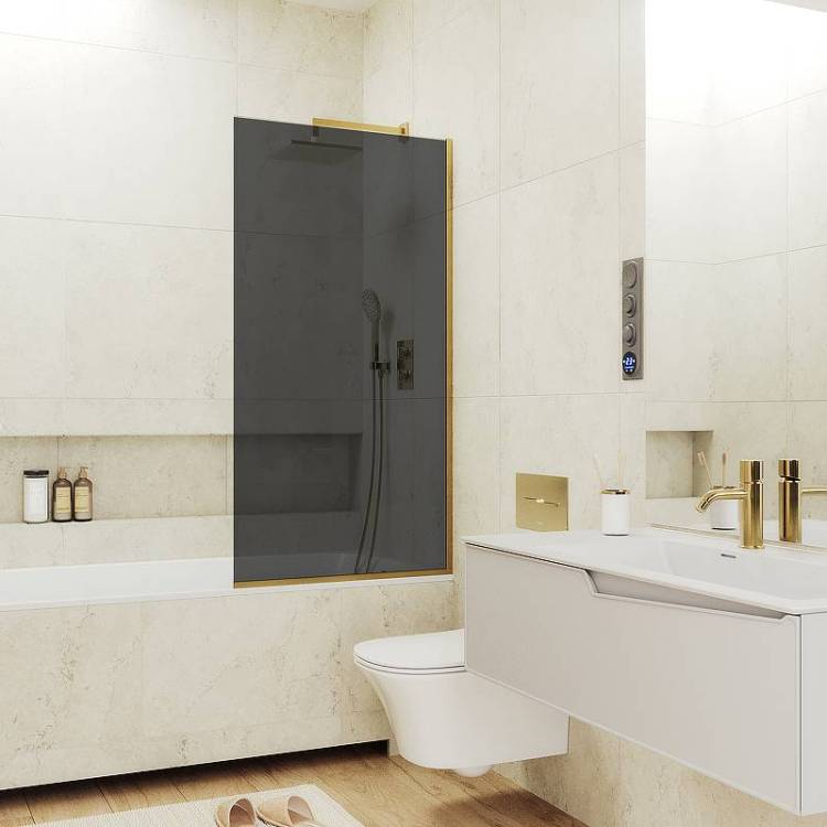 Шторка на ванну MaybahGlass MGV-81-3у стекло графит, профиль золото, 1400x700