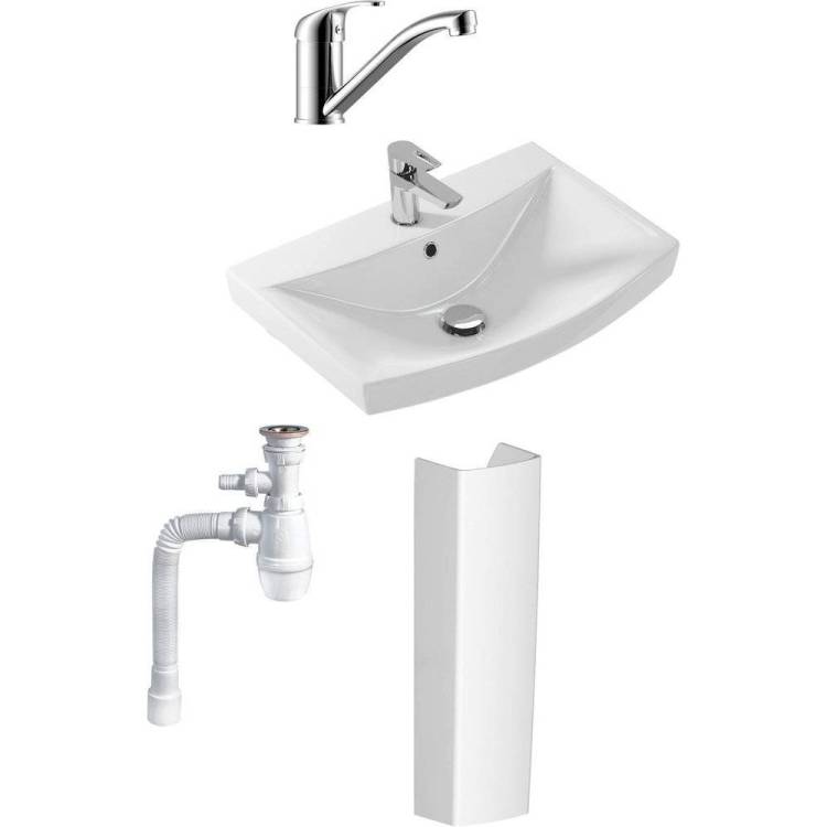 Комплект Раковина Cersanit Carina 60 + Пьедестал Cersanit Carina + Сифон Wirquin Минор с отводом для стиральной машины + Смеситель Rossinka Y Y35-22