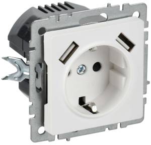 Розетка 1-местная с заземлением, шторками и USB Type A+A IEK Brite BR-R14-16-U21-D31-K91 арктический белый