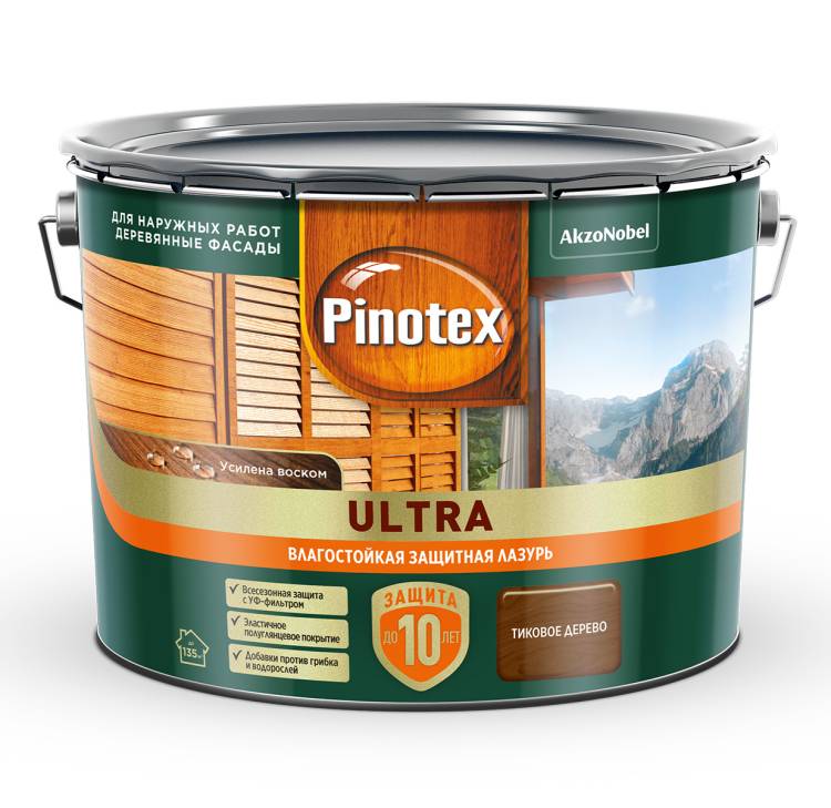 Пропитка декоративная для защиты древесины Pinotex Ultra AWB полуглянцевая тиковое дерево 9 л