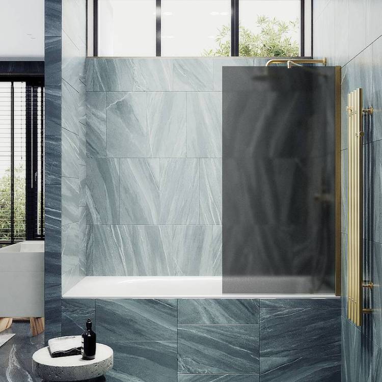 Шторка на ванну MaybahGlass MGV-84-3ш стекло графит матовый, профиль золото, 1400x400
