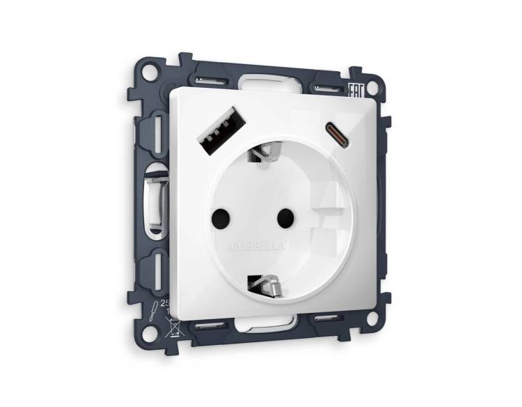 Комплект механизма электрической розетки 2USB A+C 20W (быстрая зарядка) с заземлением Ambrella Volt Alfa MA110010