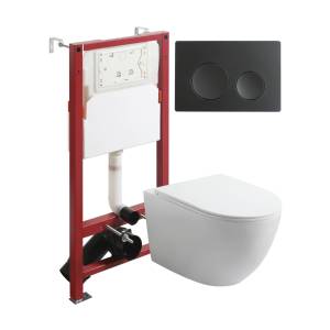 Унитаз с инсталляцией Agger ATI07150+APB144 безободковый, с крышкой-сиденьем микролифт, с кнопкой, кнопка черная