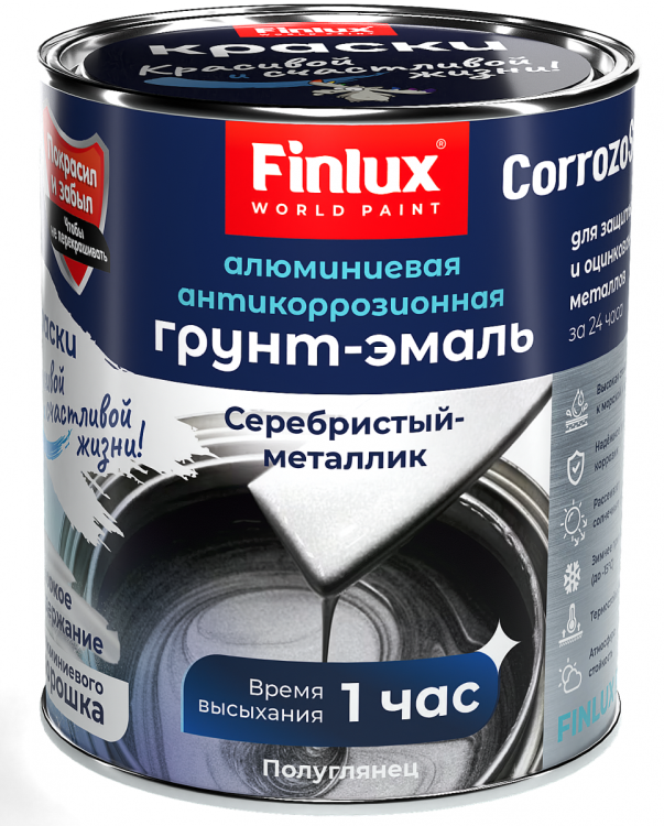 Антикоррозионная водостойкая алюминиевая эмаль Finlux F-990 полуматовая серебристая 20 кг