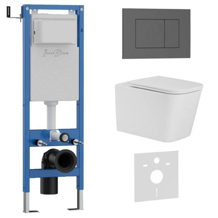 Унитаз с инсталляцией Iberica Blanca Toledo Alto IB.001M.TLA.234.856 безободковый, с крышкой-сиденьем микролифт, с серой матовой кнопкой