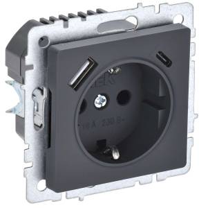 Розетка 1-местная с заземлением, шторками и USB Type A+С IEK Brite BR-R14-16-U22-018-K53 графит