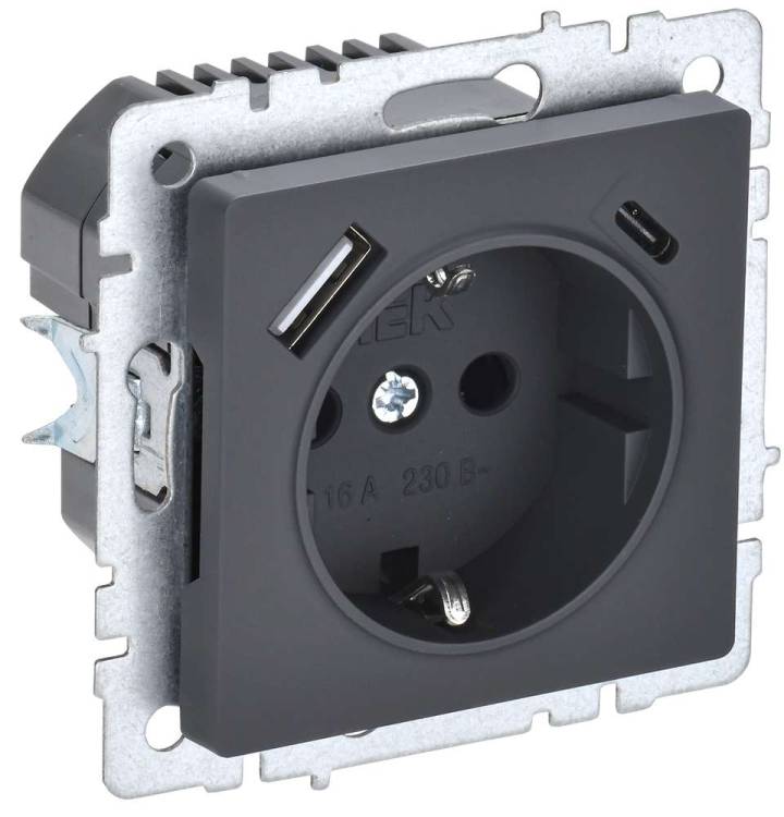 Розетка 1-местная с заземлением, шторками и USB Type A+С IEK Brite BR-R14-16-U22-018-K53 графит