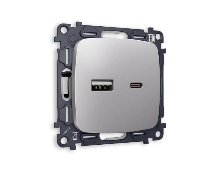 Комплект механизма розетки 2USB A+C 20W (быстрая зарядка) Ambrella Volt Omega MO511010