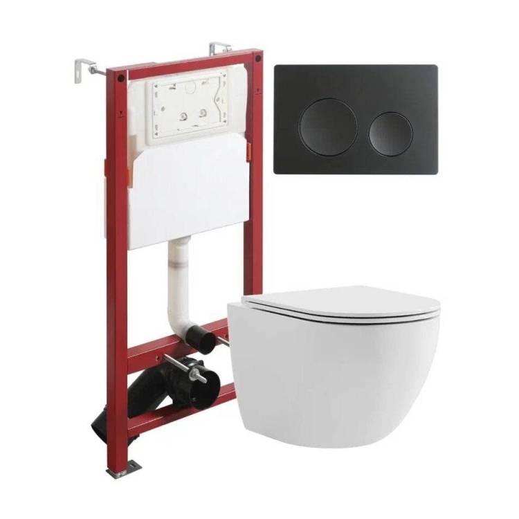 Унитаз с инсталляцией Agger ATI03100+APB144 безободковый, с крышкой-сиденьем микролифт, с кнопкой, кнопка черная