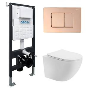 Комплект Abber Bequem AC1100T-AC0105-AC0120RG унитаз подвесной, безободковый, сиденье микролифт, белый, кнопка золото розовое