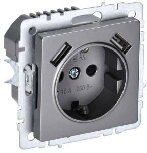 Розетка 1-местная с заземлением, шторками и USB Type A+A IEK Brite BR-R14-16-U21-D21-K46 сталь