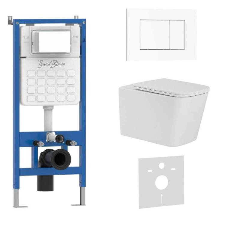 Унитаз с инсталляцией Iberica Blanca Toledo Alto IB001.TLA.234.855 безободковый, с крышкой-сиденьем микролифт, с белой глянцевой кнопкой