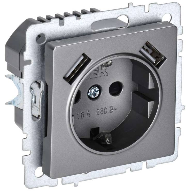 Розетка 1-местная с заземлением, шторками и USB Type A+A IEK Brite BR-R14-16-U21-D21-K46 сталь