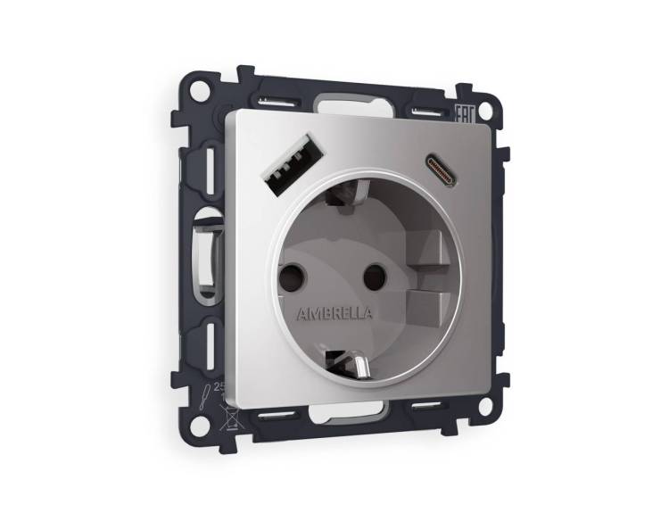 Комплект механизма электрической розетки 2USB A+C 20W (быстрая зарядка) с заземлением Ambrella Volt Alfa MA510010