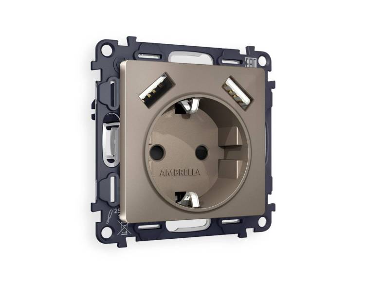 Комплект механизма электрической розетки 2USB A+A 18W (быстрая зарядка) с заземлением Ambrella Volt Alfa MA639010