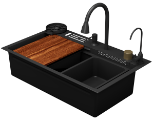 Мойка кухонная D&K DKS754605 темный графит, 75x22, со смесителем и аксессуарами