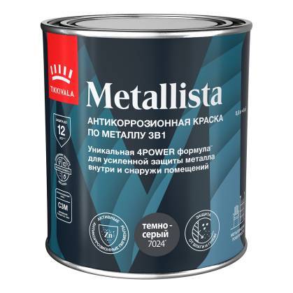 Краска по ржавчине Tikkivala Metallista глянцевая темно-серая 0.8 л