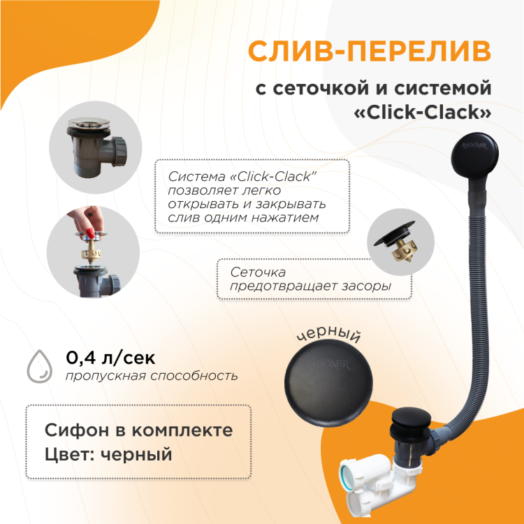 Слив-перелив Radomir 2-19-6-0-9-000 автомат с сеточкой, с сифоном, черный