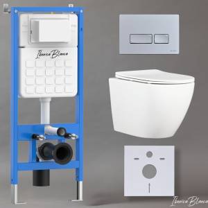 Унитаз с инсталляцией Iberica Blanca Bilbao Alto IB001.BLA.231.214 безободковый, с крышкой-сиденьем микролифт, с кнопкой матовый хром