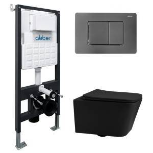Комплект Abber Rechteck AC1201MB-AC0105-AC0120NG унитаз подвесной, безободковый, сиденье микролифт, черный матовый, кнопка никель