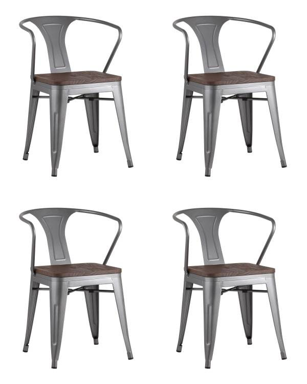 Набор из 4 стульев Stool Group Tolix Arm Wood YD-H440AR-W YG-15 X4 серебристый матовый, темное дерево