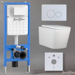 Унитаз с инсталляцией Iberica Blanca Toledo Alto IB001.TLA.231.811 безободковый, с крышкой-сиденьем микролифт, с белой матовой кнопкой