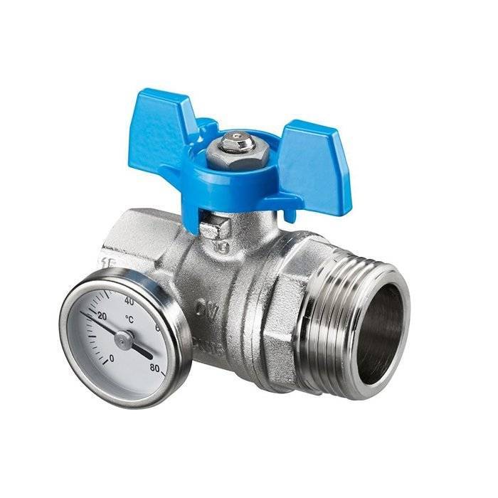 Кран шаровой Oventrop DN 20 G3/4 ВР х G1 НР, плоское уплотнение, с термометром, синий маховик