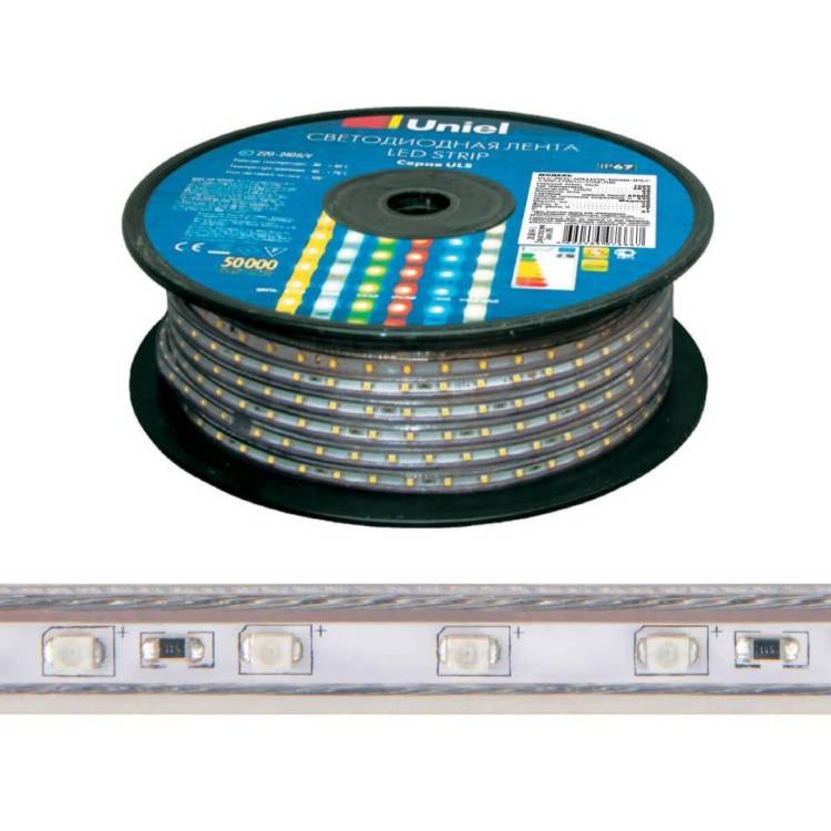 Светодиодная влагозащищенная лента Uniel ULS-2835-60LED/m-10mm-IP67-220V-8W/m-50M-WW