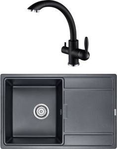Комплект Paulmark Flugen PM217850-BLM черный металлик + Смеситель Paulmark Essen Es213001-418 для кухонной мойки, черный металлик