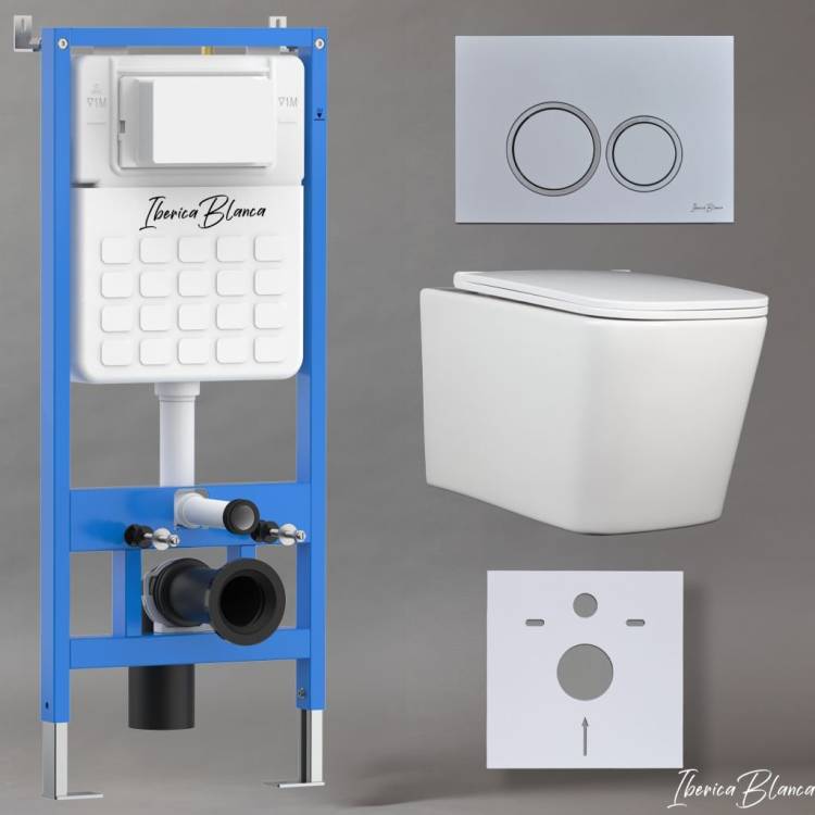Комплект Iberica Blanca Toledo Alto IB001.TLA.234.824 унитаз безободковый, белый, сиденье микролифт, клавиша смыва хром матовый