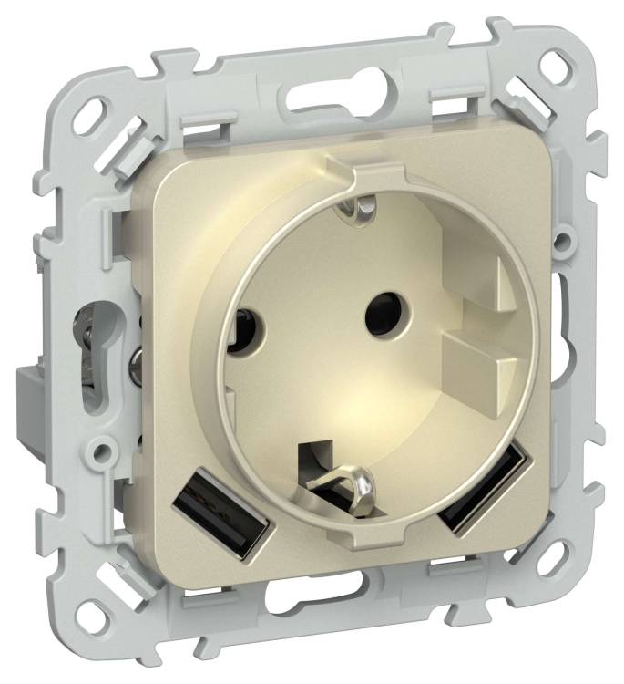 Розетка 1-местная с заземлением, шторками и USB Type A+A IEK Flite FI-R14-16-U21-D31-K37 шампань