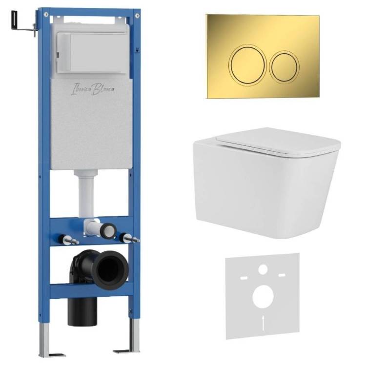 Унитаз с инсталляцией Iberica Blanca Toledo Alto IB.001M.TLA.234.826 безободковый, с крышкой-сиденьем микролифт, с кнопкой глянцевое золото