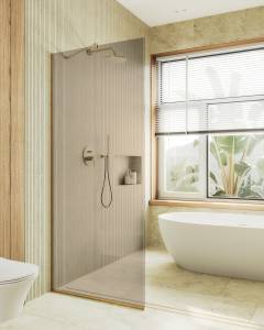 Душевая перегородка MaybahGlass MGD-696-3у 79x195, стекло бронза 8 мм, профиль золото