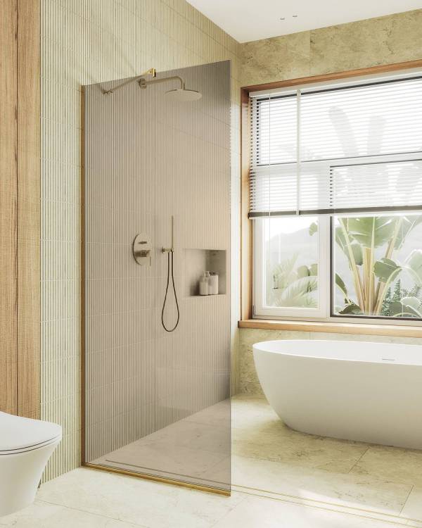 Душевая перегородка MaybahGlass MGD-696-3у 79x195, стекло бронза 8 мм, профиль золото