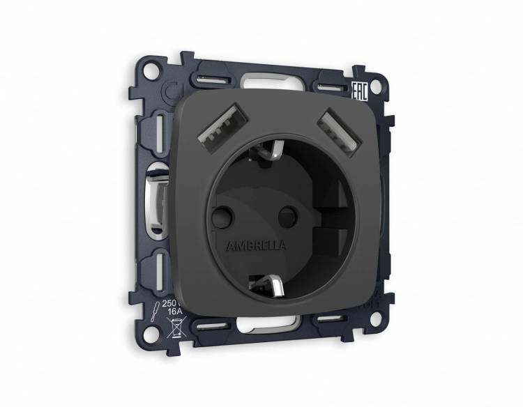 Комплект механизма электрической розетки 2USB A+A 18W (быстрая зарядка) с заземлением Ambrella Volt Omega MO909010