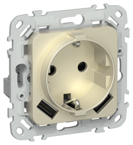 Розетка 1-местная с заземлением, шторками и USB Type A+A IEK Flite FI-R14-16-U21-D31-K37 шампань