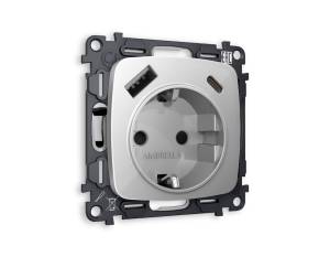 Комплект механизма электрической розетки 2USB A+C 20W (быстрая зарядка) с заземлением Ambrella Volt Omega MO410010