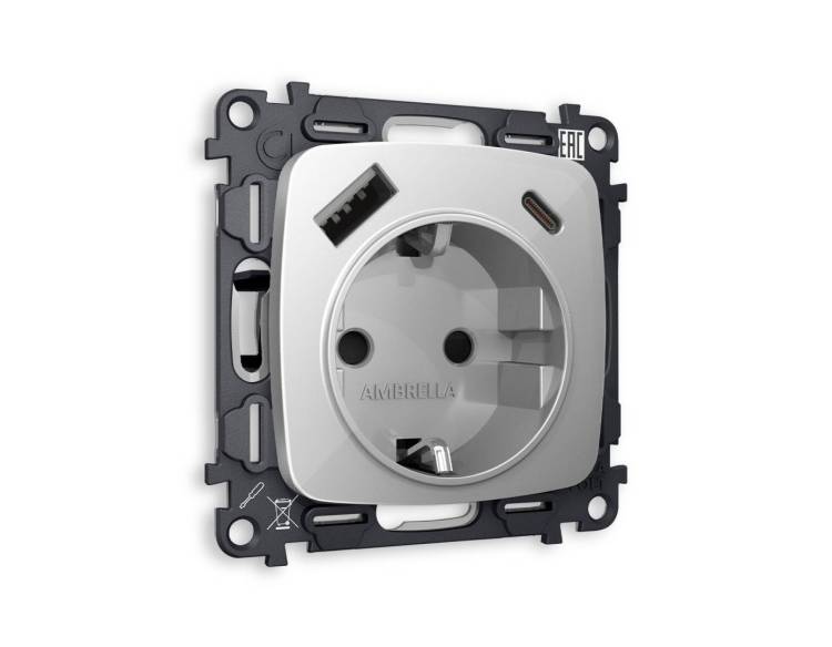 Комплект механизма электрической розетки 2USB A+C 20W (быстрая зарядка) с заземлением Ambrella Volt Omega MO410010