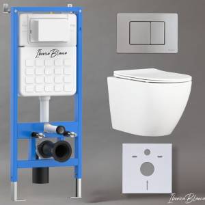 Унитаз с инсталляцией Iberica Blanca Bilbao Alto IB001.BLA.234.1132 безободковый, с крышкой-сиденьем микролифт, с кнопкой матовый хром