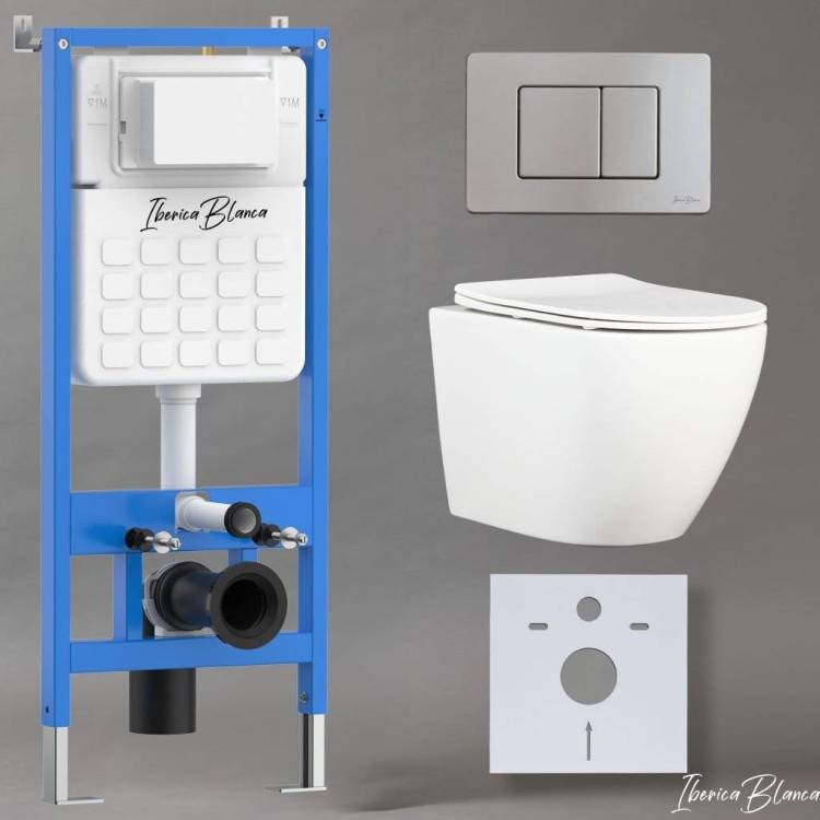 Комплект Iberica Blanca Bilbao Alto IB001.BLA.234.1132 унитаз безободковый, белый, сиденье микролифт, клавиша смыва хром матовый