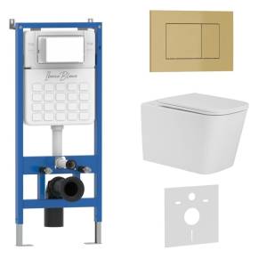 Комплект Iberica Blanca Toledo Alto IB001.TLA.231.854 унитаз безободковый, белый, сиденье микролифт, клавиша смыва золото матовое