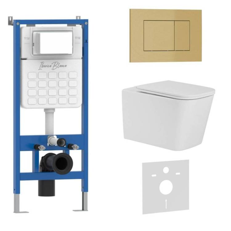 Комплект Iberica Blanca Toledo Alto IB001.TLA.231.854 унитаз безободковый, белый, сиденье микролифт, клавиша смыва золото матовое