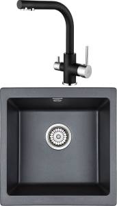 Комплект Мойка кухонная Paulmark Brilon PM104546-BLM черный металлик + Смеситель Paulmark Essen Es213011-418 для кухонной мойки, черный металлик