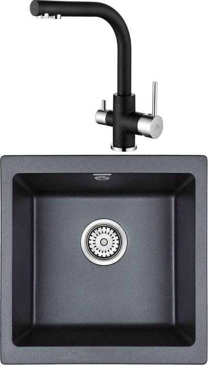 Комплект Мойка кухонная Paulmark Brilon PM104546-BLM черный металлик + Смеситель Paulmark Essen Es213011-418 для кухонной мойки, черный металлик