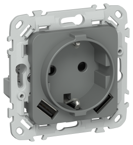 Розетка 1-местная с заземлением, шторками и USB Type A+A IEK Flite FI-R14-16-1-U21-D31-K80 мокрый асфальт